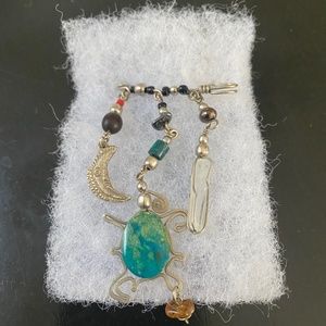 Turquoise, silver, crystals pin